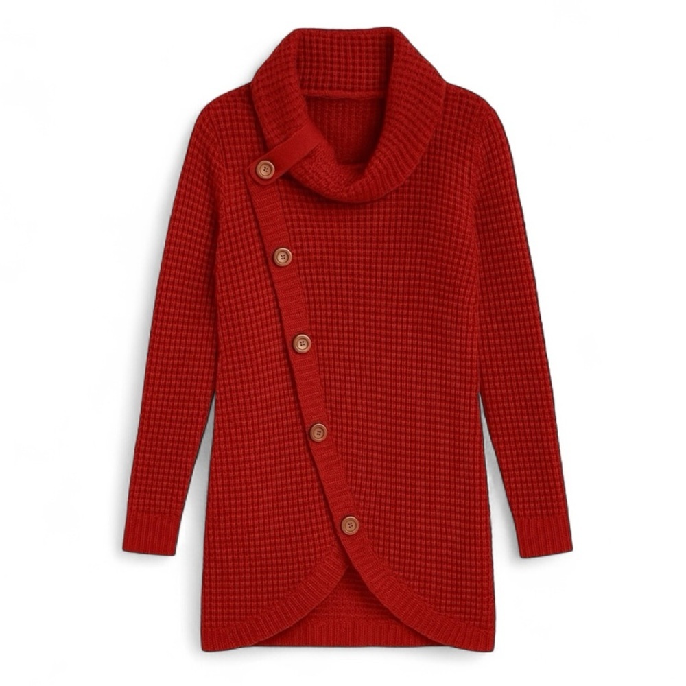 New Asymmetrical Button Cowl Neck Chunky Knit Red Sweater Soft Cozy Casual Small